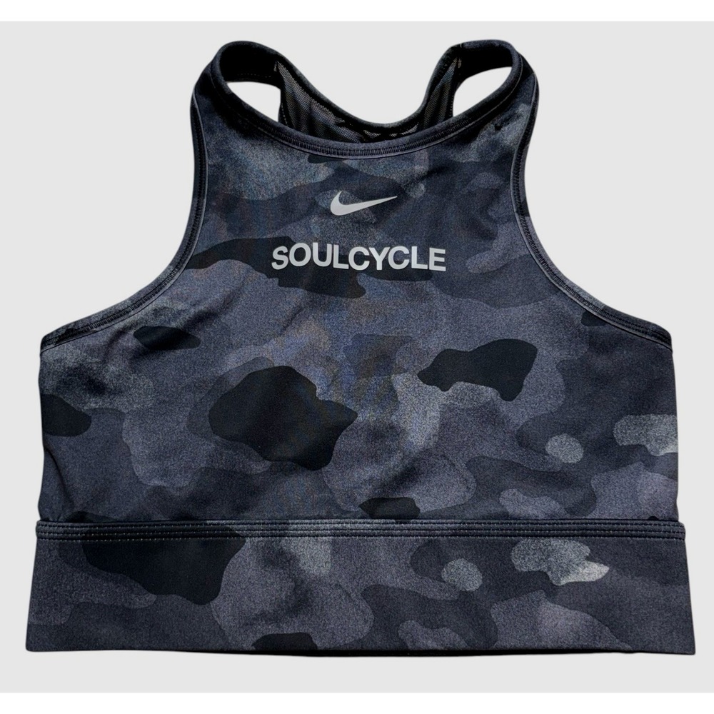 NIKE DRI FIT Soulcycle Sport Bra Women Pull On Racer Back Medium Grey Camouflage